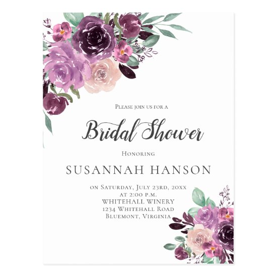Purple Mauve Sangria Floral Bridal Shower Postcard