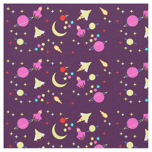 Purple Mauve Space Rocket Comet Planet Stars Moon Fabric