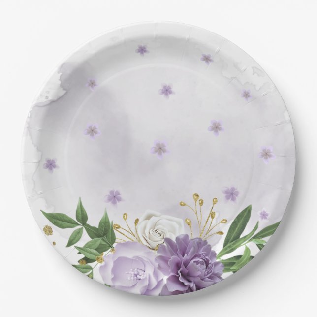 purple mauve white floral greenery paper plates (Front)