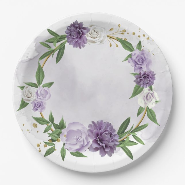 purple mauve white floral greenery paper plates (Front)