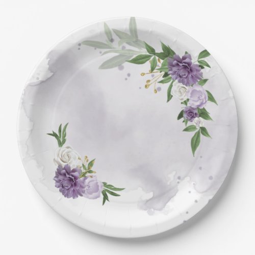 purple mauve white floral greenery paper plates