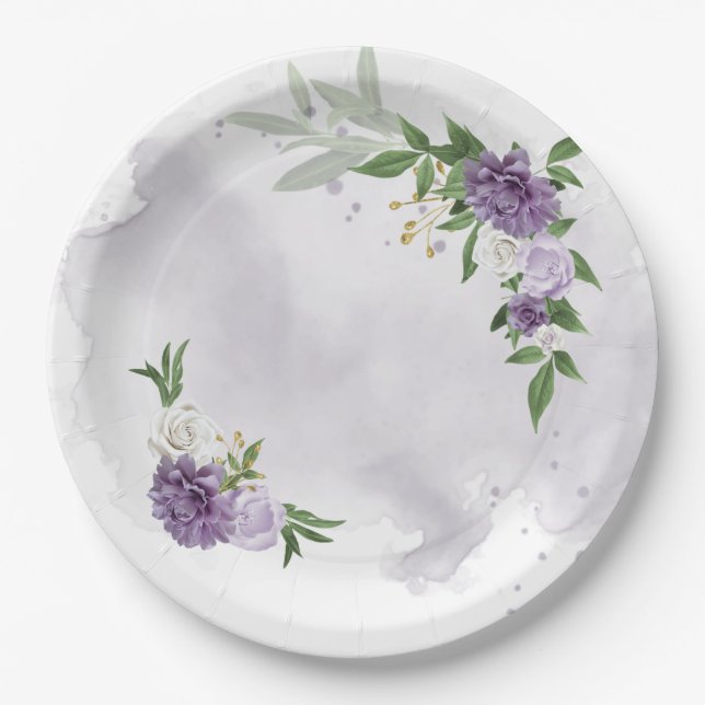 purple mauve white floral greenery paper plates (Front)