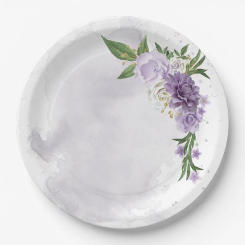 purple mauve white floral paper plates
