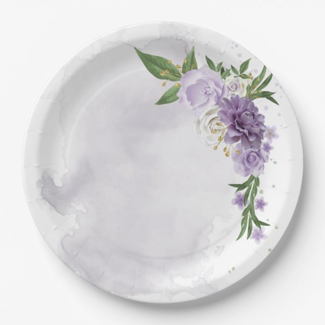 purple mauve white floral paper plates (Front)