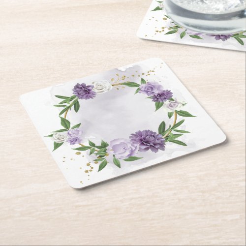purple mauve white floral square paper coaster
