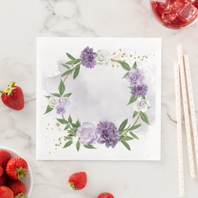 purple mauve white floral wreath paper dinner napkins (Insitu)