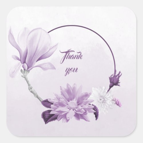 purple mauve  white flowers wreath thank you square sticker