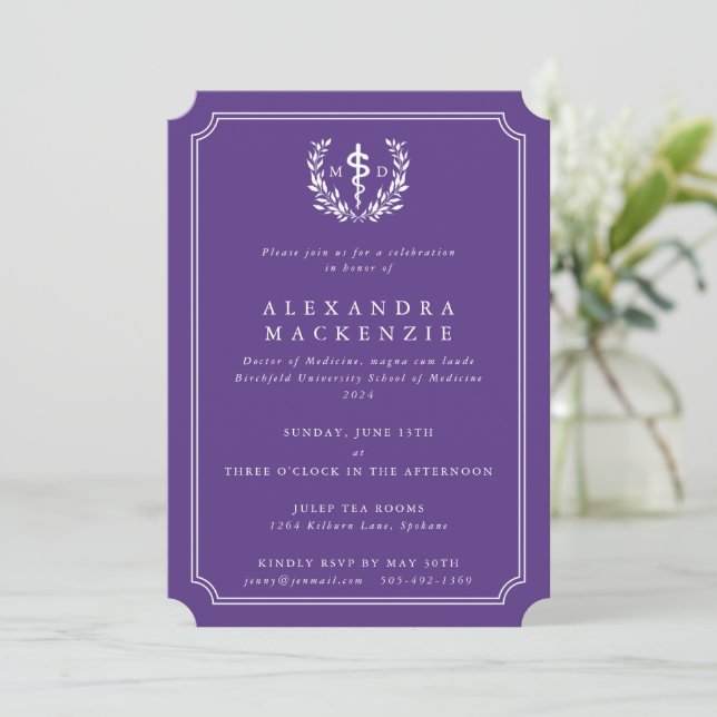 Purple MD Asclepius + Laurel Wreath Graduation Invitation (Standing Front)