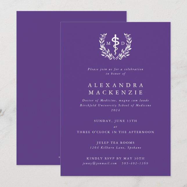 Purple MD Asclepius + Laurel Wreath Graduation Invitation (Front/Back)