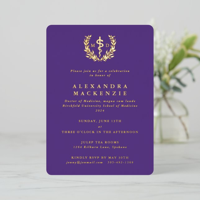 Purple MD Asclepius+Laurel Wreath Graduation Party Foil Invitation (Standing Front)