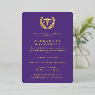 Purple MD Caduceus + Laurel Wreath Graduation Foil Invitation