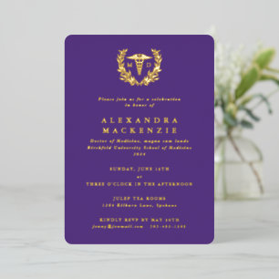 Purple MD Caduceus + Laurel Wreath Graduation Foil Invitation