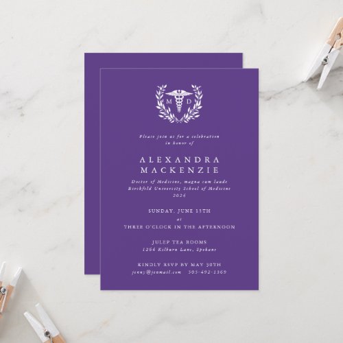 Purple MD CaduceusLaurel Wreath Graduation Invitation