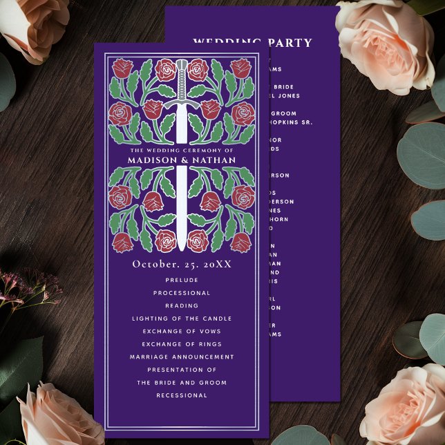 Purple Medieval Floral Silver Sword Royal Wedding Program (Creator Uploaded)
