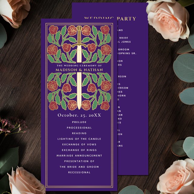 Purple Medieval Gold Floral Sword Royal Wedding Program (Creator Uploaded)