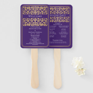 Purple Medieval Gold Sword Royal Wedding Program Hand Fan