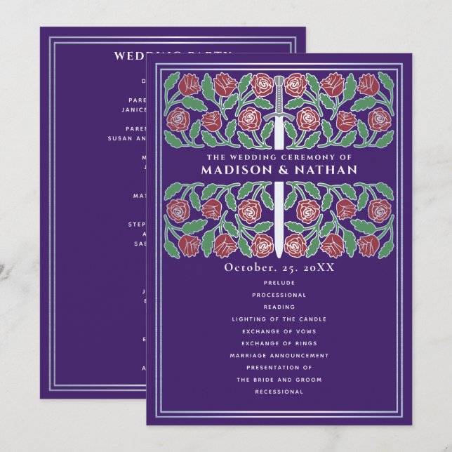 Purple Medieval Silver Floral Sword Royal Wedding Program (Front/Back)