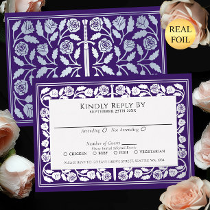 Purple Medieval Silver Sword Royal Wedding RSVP Foil Invitation
