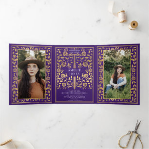 Purple Medieval Sword Photo Graduation Party  Tri-Fold Invitation