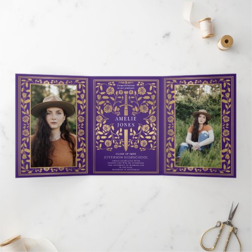 Purple Medieval Sword Photo Graduation Party  Tri_Fold Invitation