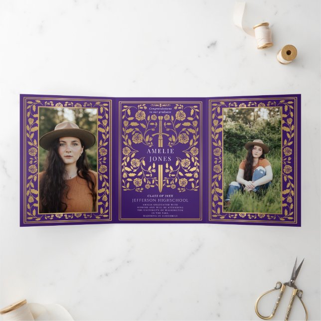 Purple Medieval Sword Photo Graduation Party  Tri-Fold Invitation (Inside)
