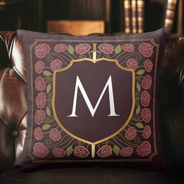 Purple Medieval Sword Shield Monogram Throw Pillow (Creator Uploaded)