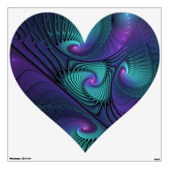 Purple Meets Turquoise Abstract Fractal Art Heart Wall Decal (Front)