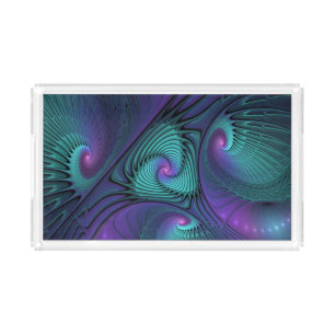 Purple meets Turquoise modern abstract Fractal Art Acrylic Tray