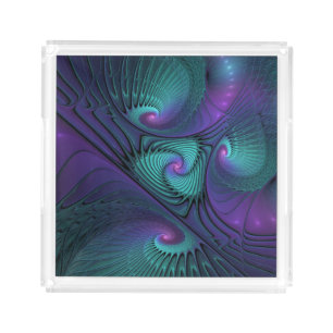 Purple meets Turquoise modern abstract Fractal Art Acrylic Tray