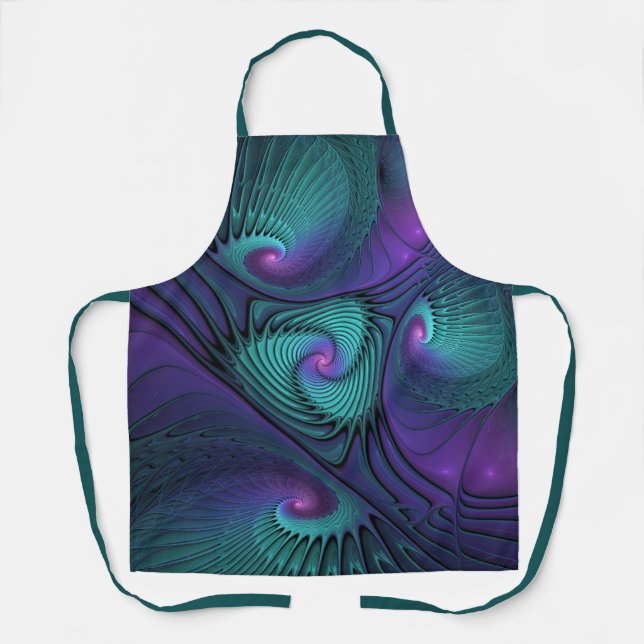Purple Meets Turquoise Modern Abstract Fractal Art Apron (Front)