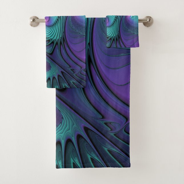 Purple meets Turquoise modern abstract Fractal Art Bath Towel Set (Insitu)