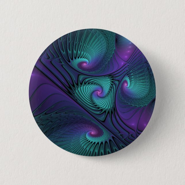 Purple Meets Turquoise Modern Abstract Fractal Art Button (Front)