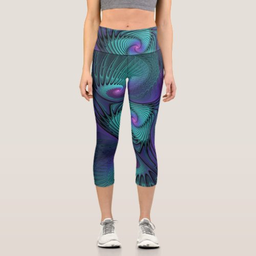 Purple meets Turquoise modern abstract Fractal Art Capri Leggings