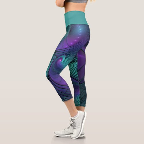 Purple meets Turquoise modern abstract Fractal Art Capri Leggings