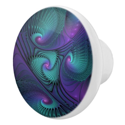 Purple meets Turquoise modern abstract Fractal Art Ceramic Knob