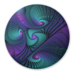 Purple meets Turquoise modern abstract Fractal Art Ceramic Knob