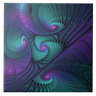 Purple Meets Turquoise Modern Abstract Fractal Art Ceramic Tile