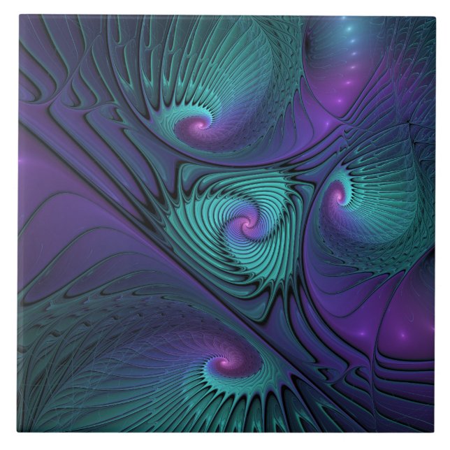 Purple Meets Turquoise Modern Abstract Fractal Art Ceramic Tile (Front)