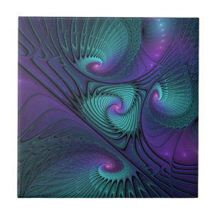 Purple Meets Turquoise Modern Abstract Fractal Art Ceramic Tile