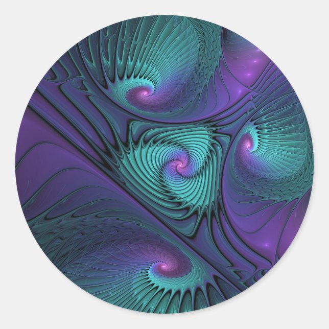 Purple meets Turquoise modern abstract Fractal Art Classic Round Sticker (Front)