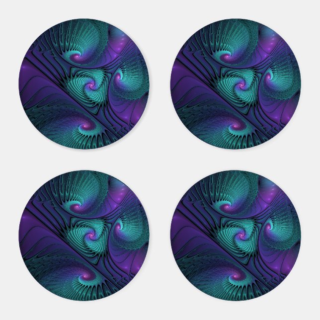 Purple Meets Turquoise Modern Abstract Fractal Art Coaster Set (Set)