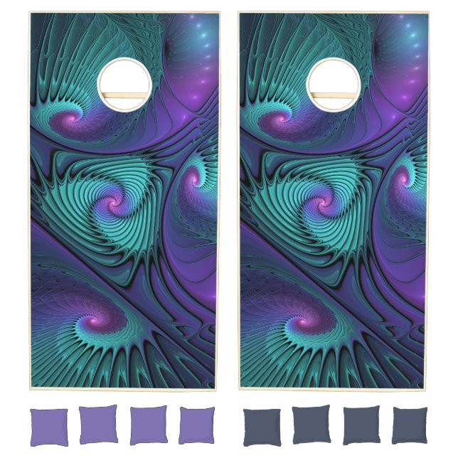Purple meets Turquoise modern abstract Fractal Art Cornhole Set (Set)