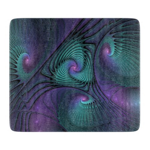 Purple meets Turquoise modern abstract Fractal Art Cutting Board