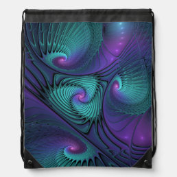 Purple Meets Turquoise Modern Abstract Fractal Art Drawstring Bag