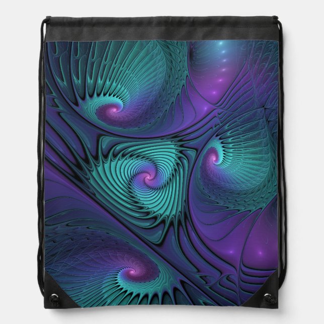 Purple Meets Turquoise Modern Abstract Fractal Art Drawstring Bag (Front)