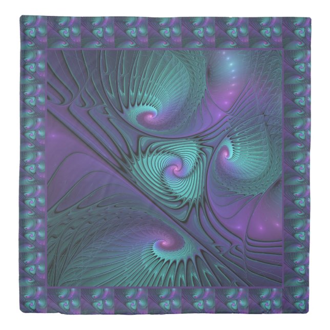 Purple meets Turquoise modern abstract Fractal Art Duvet Cover (Front)