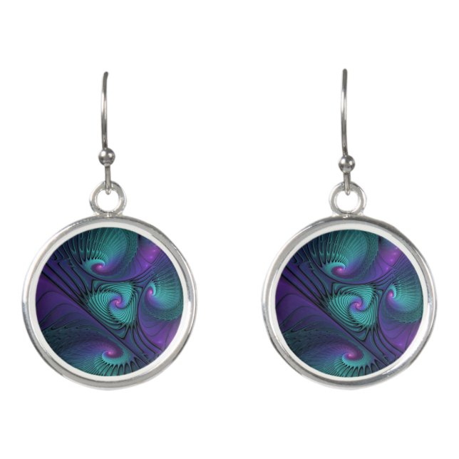 Purple Meets Turquoise Modern Abstract Fractal Art Earrings (Front)
