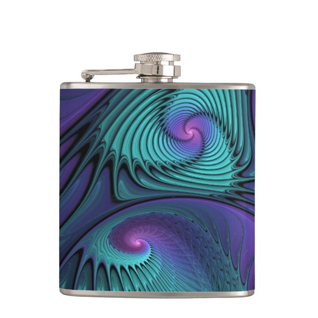 Purple Meets Turquoise Modern Abstract Fractal Art Flask (Front)