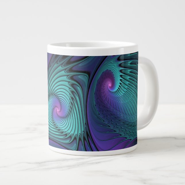 Purple Meets Turquoise Modern Abstract Fractal Art Giant Coffee Mug (Front Right)