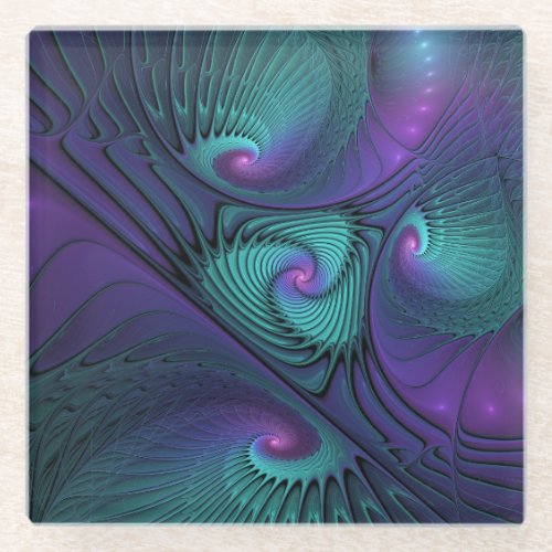 Purple Meets Turquoise Modern Abstract Fractal Art Glass Coaster